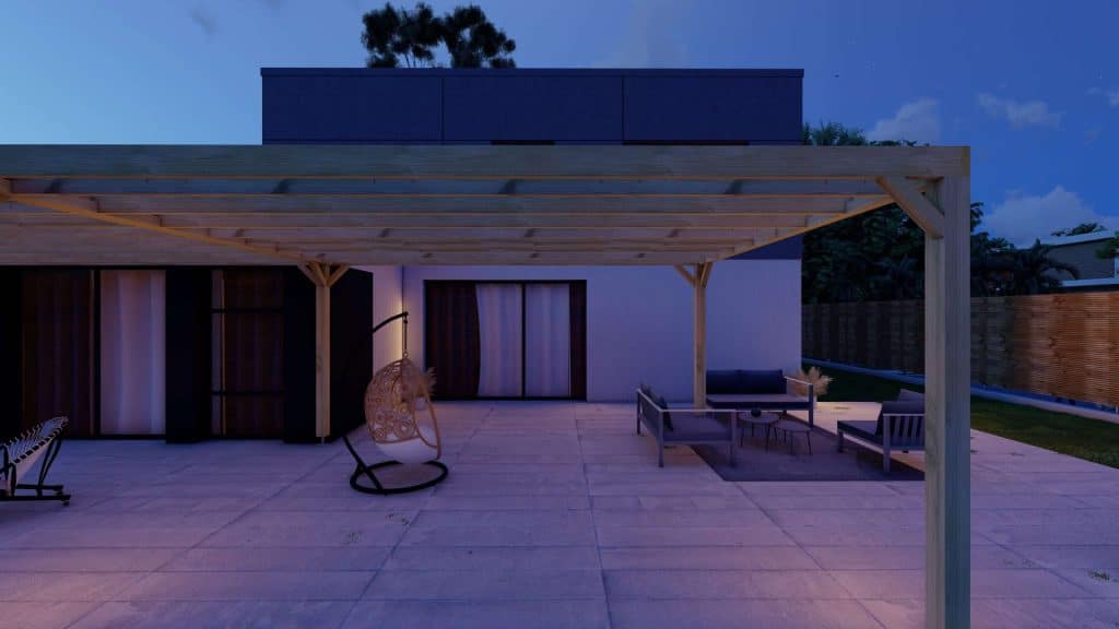 Pergola adossée en bois pin sylvestre autoclave, salon de jardin extérieur et fauteuil suspendu