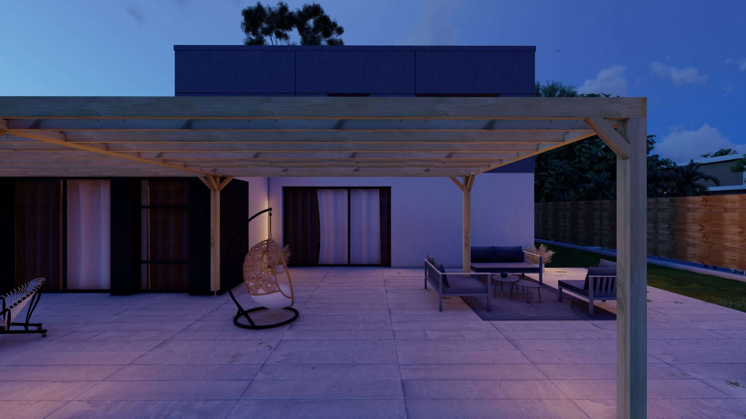 Pergola adossée en bois pin sylvestre autoclave, salon de jardin extérieur et fauteuil suspendu
