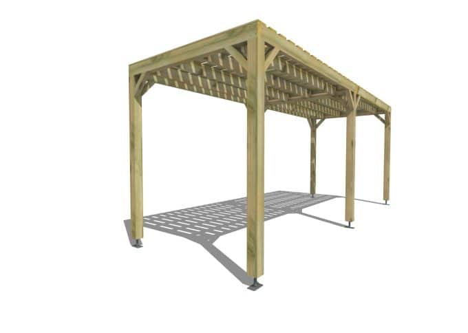 Pergola autoportante vue de trois-quarts, structure bois et toit ajouré