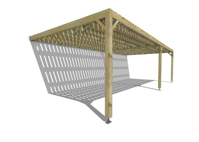 Pergola autoportante avec lames de toit partiellement inclinées créant un ombrage aéré