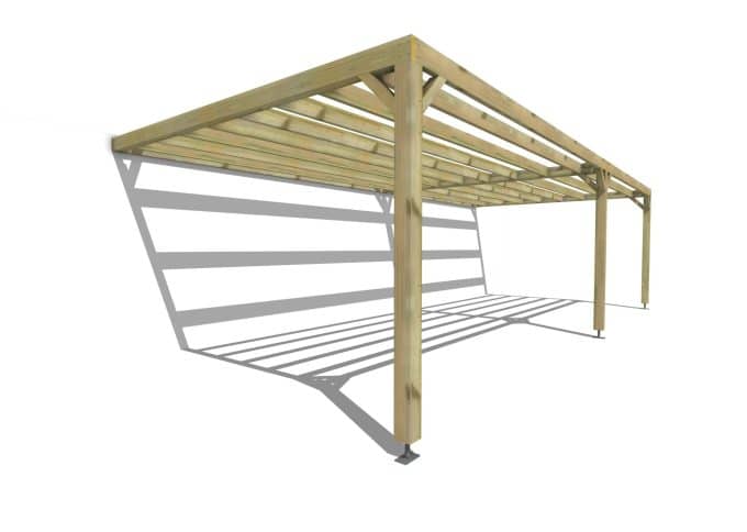 Pergola autoportante en bois, vue de trois-quarts montrant la structure robuste et les lames de toit