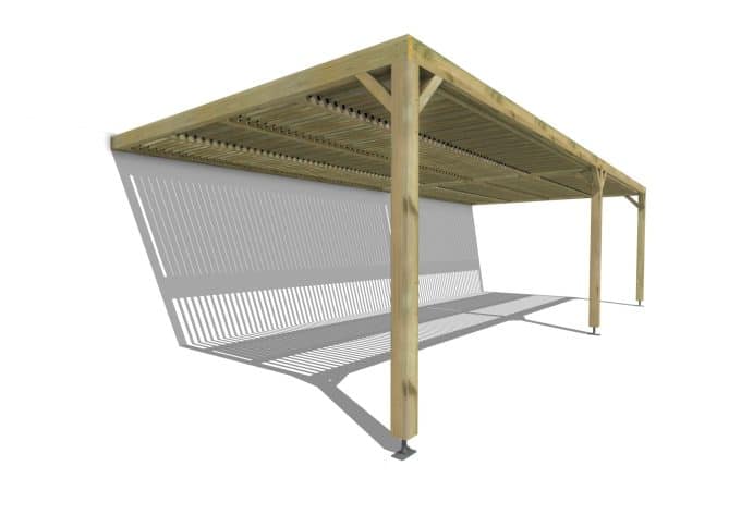 Pergola adossée en pin sylvestre autoclave avec toit ajouré projetant une ombre décorative
