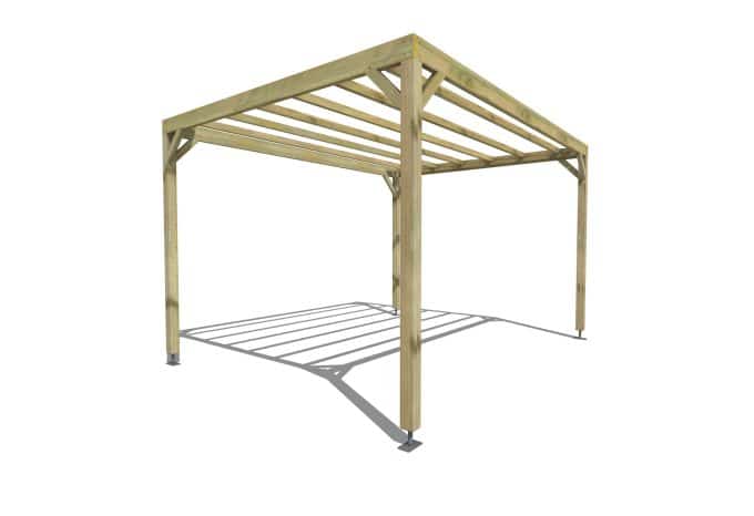 Pergola autoportante avec toit ouvert, lames de bois inclinées créant une ombre partielle