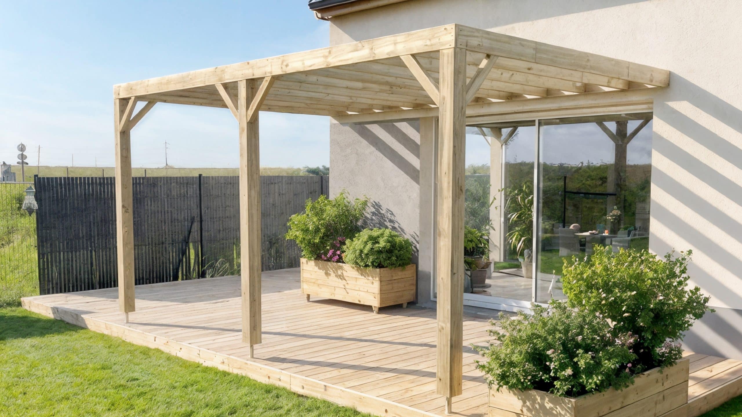Pergola en bois adossée à une maison avec terrasse et jardinières fleuries