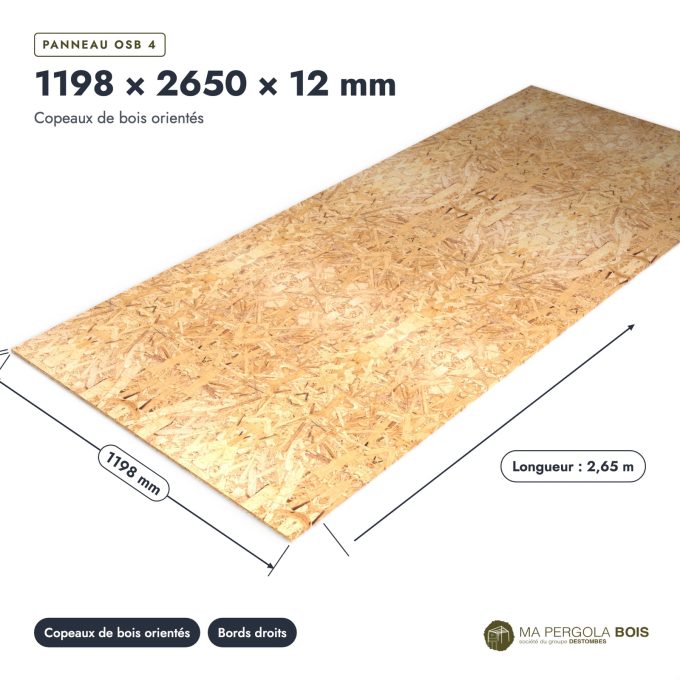 Plaque OSB 1196x2650 de 12 mm, OSB 4 à bords droits, sans usinage : pièce cotée et longueurs