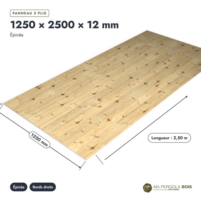 Panneau épicéa 1250x2500 en 3 plis de 12 mm, standard sans usinage : pièce cotée et longueurs