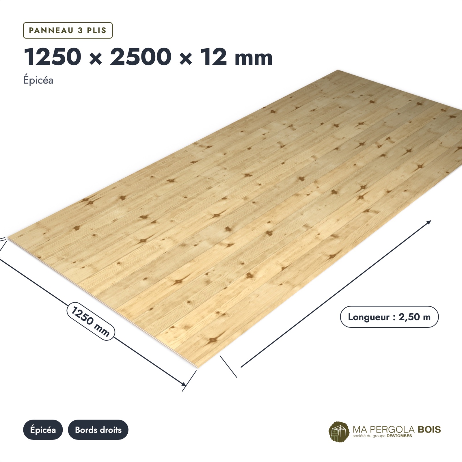Panneau épicéa 1250x2500 en 3 plis de 12 mm, standard sans usinage : pièce cotée et longueurs