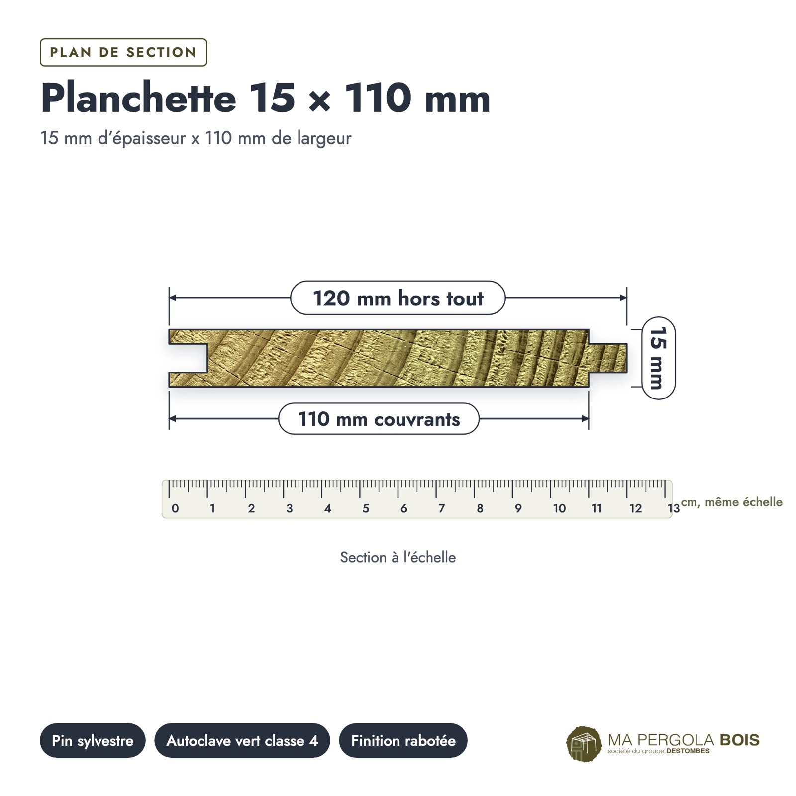 Planchette autoclave 15x110 emboîtable, pin sylvestre vert sans usinage : plan de section coté