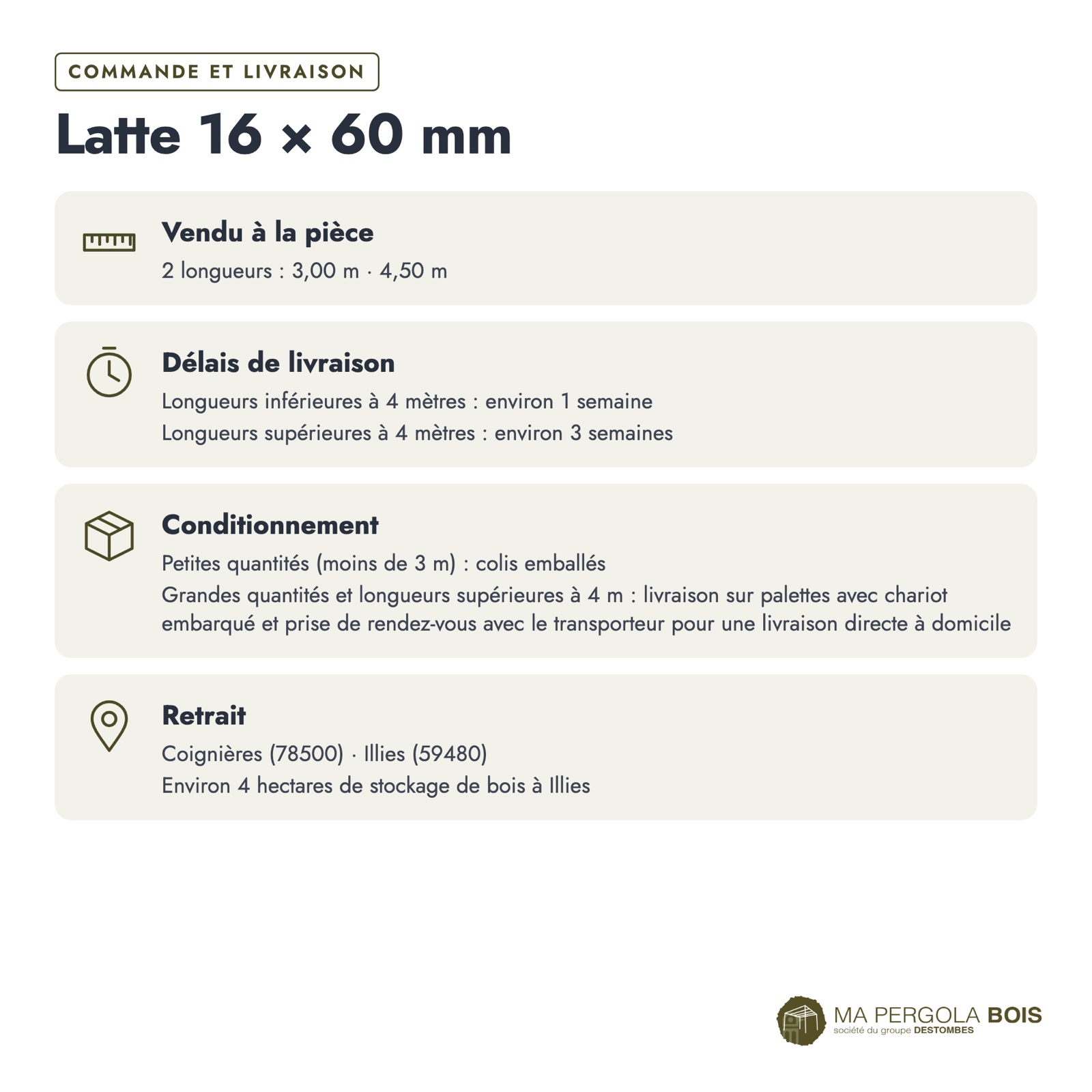 Latte pin 16x60 traitée autoclave vert, standard sans usinage : commande et livraison