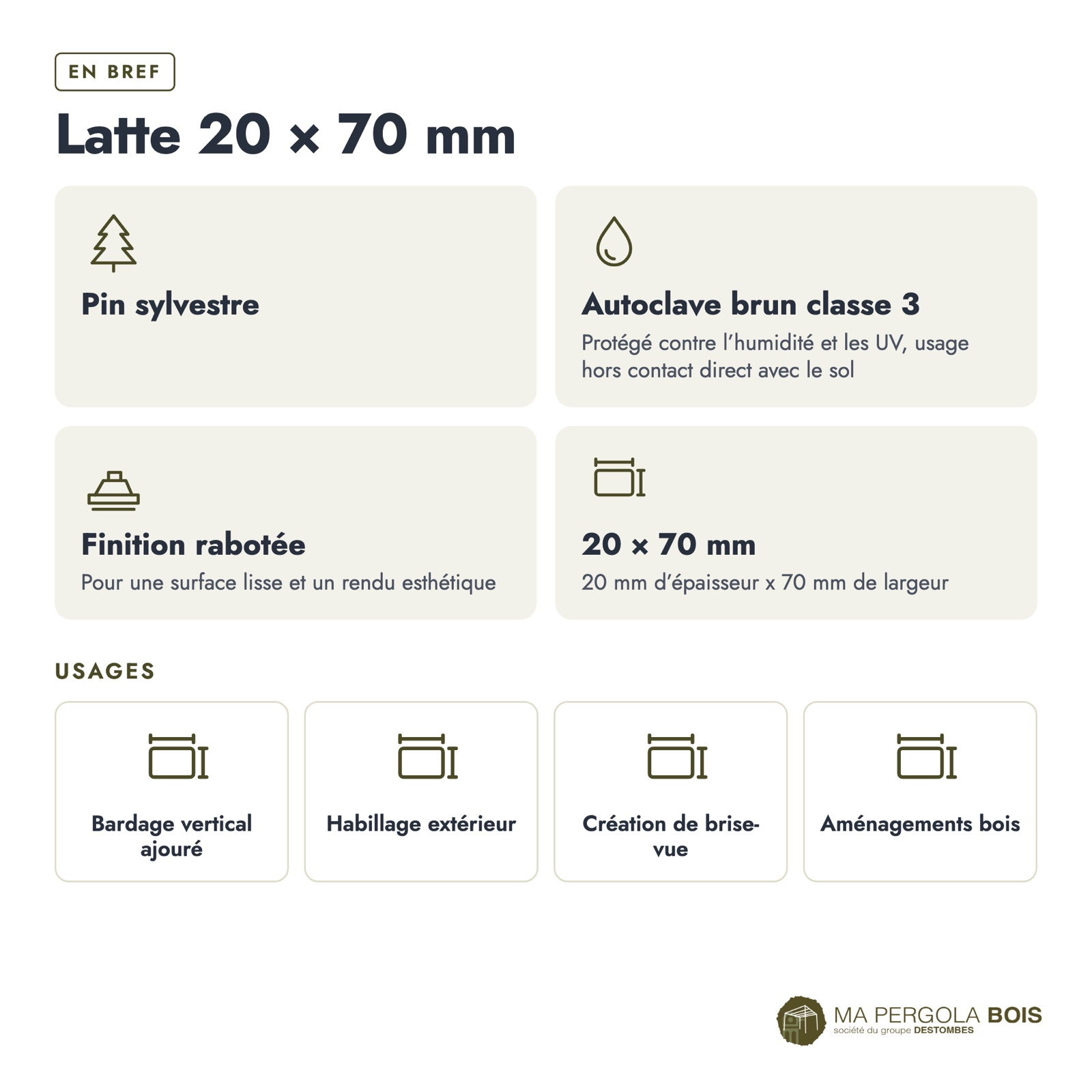 Latte autoclave brune 20x70 en pin sylvestre : caractéristiques