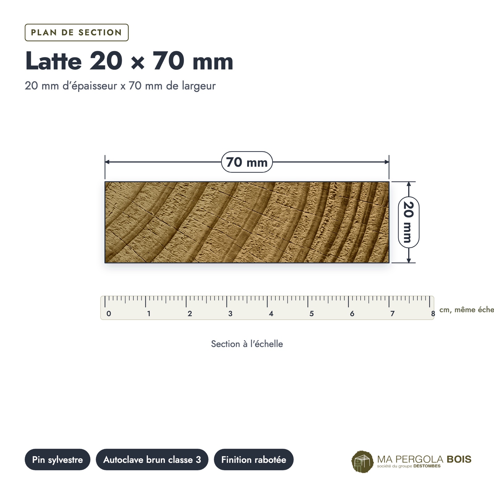 Latte autoclave brune 20x70 en pin sylvestre : plan de section coté