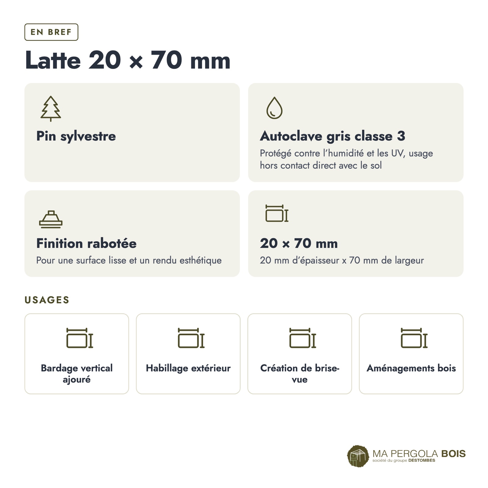 Latte autoclave grise 20x70 en pin raboté : caractéristiques