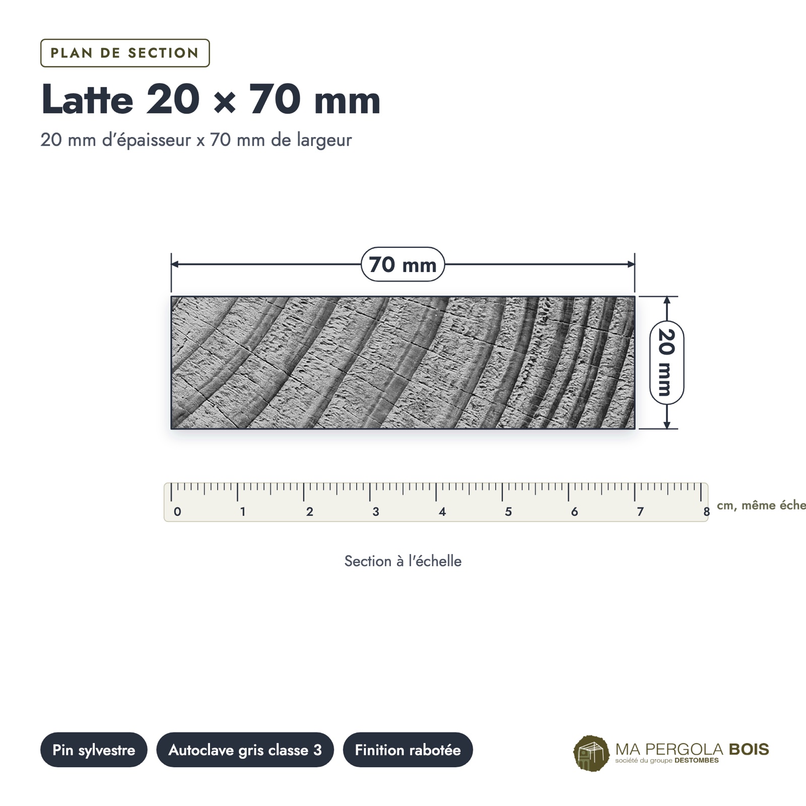 Latte autoclave grise 20x70 en pin raboté : plan de section coté