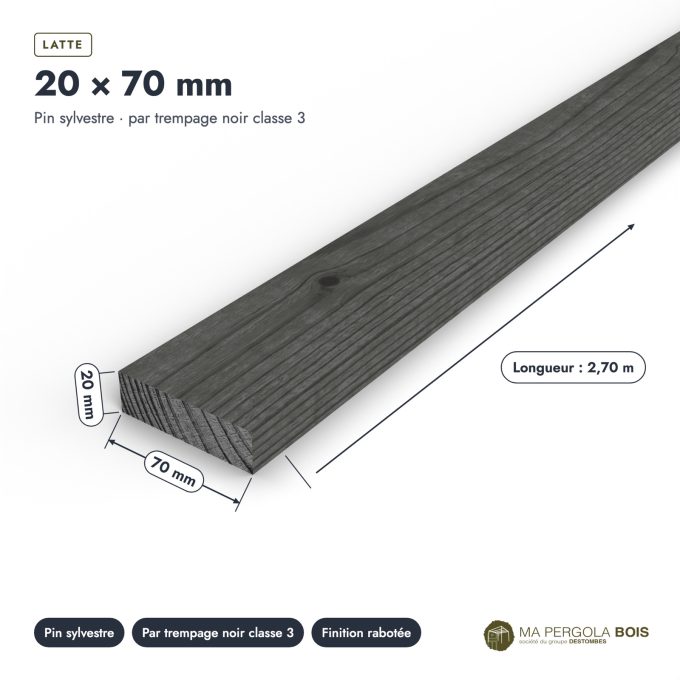 Latte noire 20x70 en pin traité par trempage : pièce cotée et longueurs