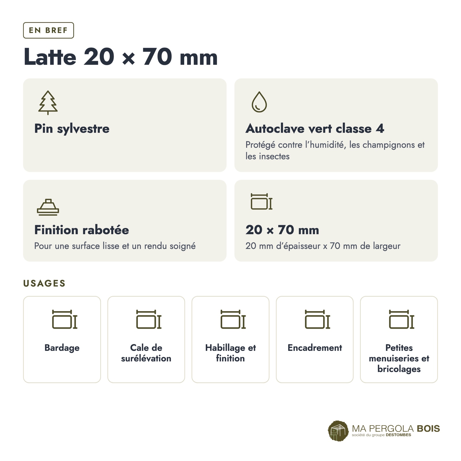 Latte autoclave verte 20x70 en pin sylvestre : caractéristiques