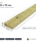Latte autoclave verte 20x70 en pin sylvestre : pièce cotée et longueurs