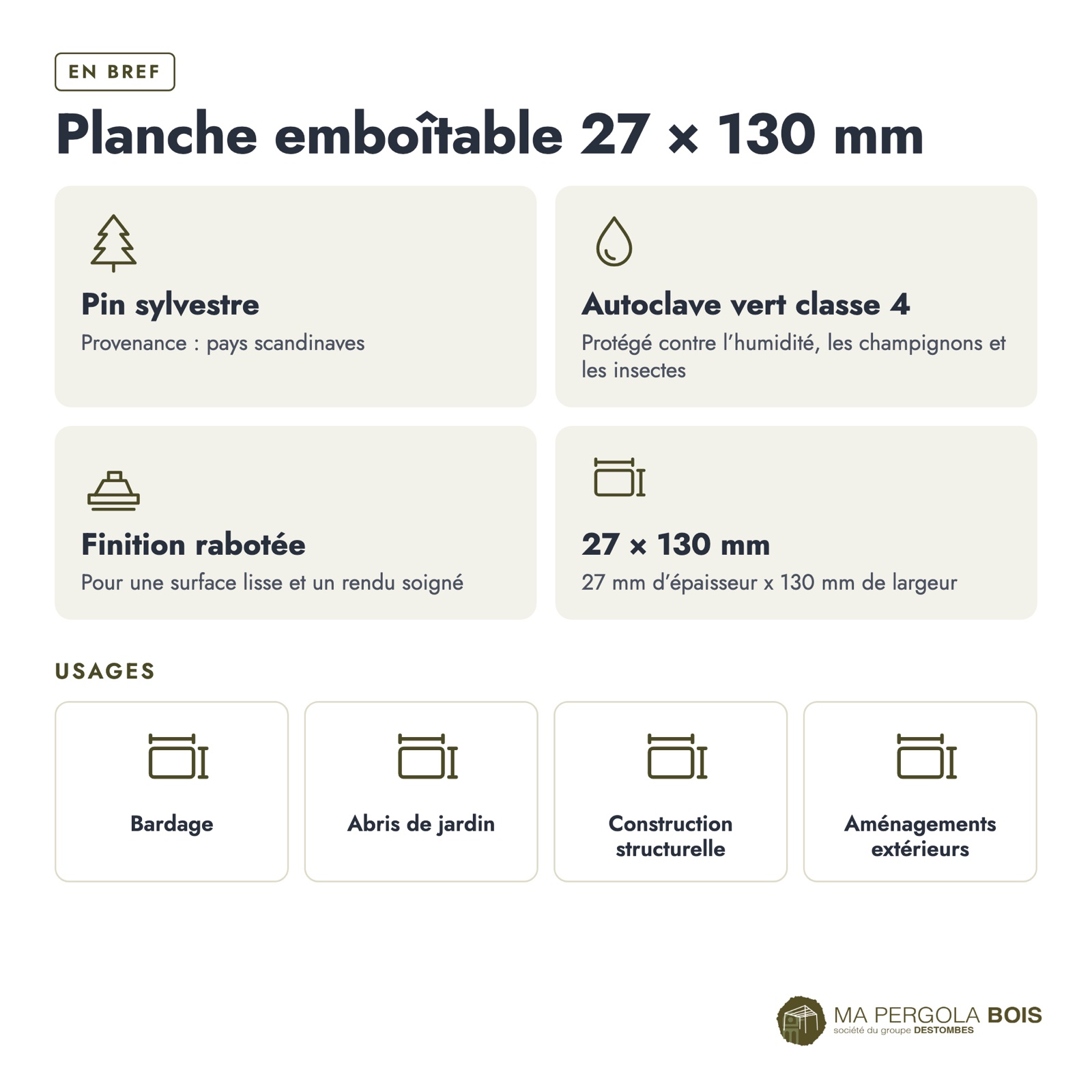 Lame emboîtable 27x130 en pin autoclave vert, standard sans usinage : caractéristiques