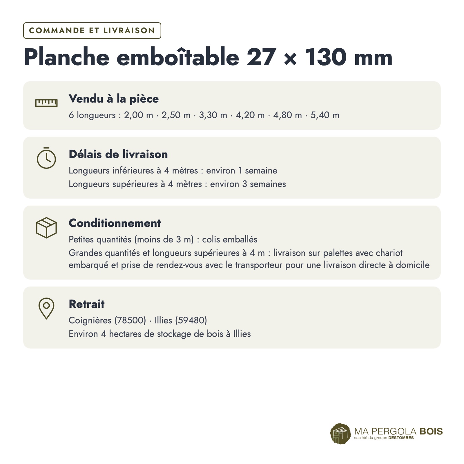 Lame emboîtable 27x130 en pin autoclave vert, standard sans usinage : commande et livraison