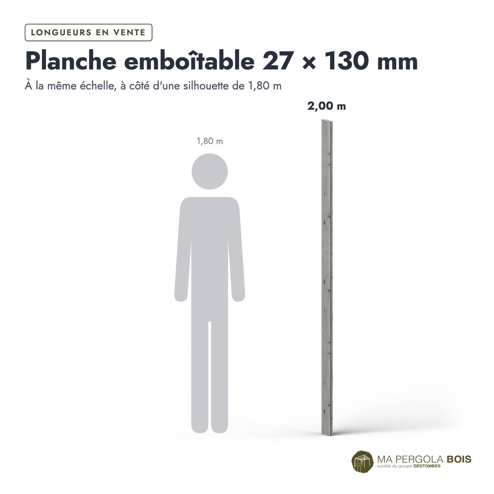 Lame emboîtable grise 27x130, pin traité autoclave gris sans usinage : longueurs à l’échelle