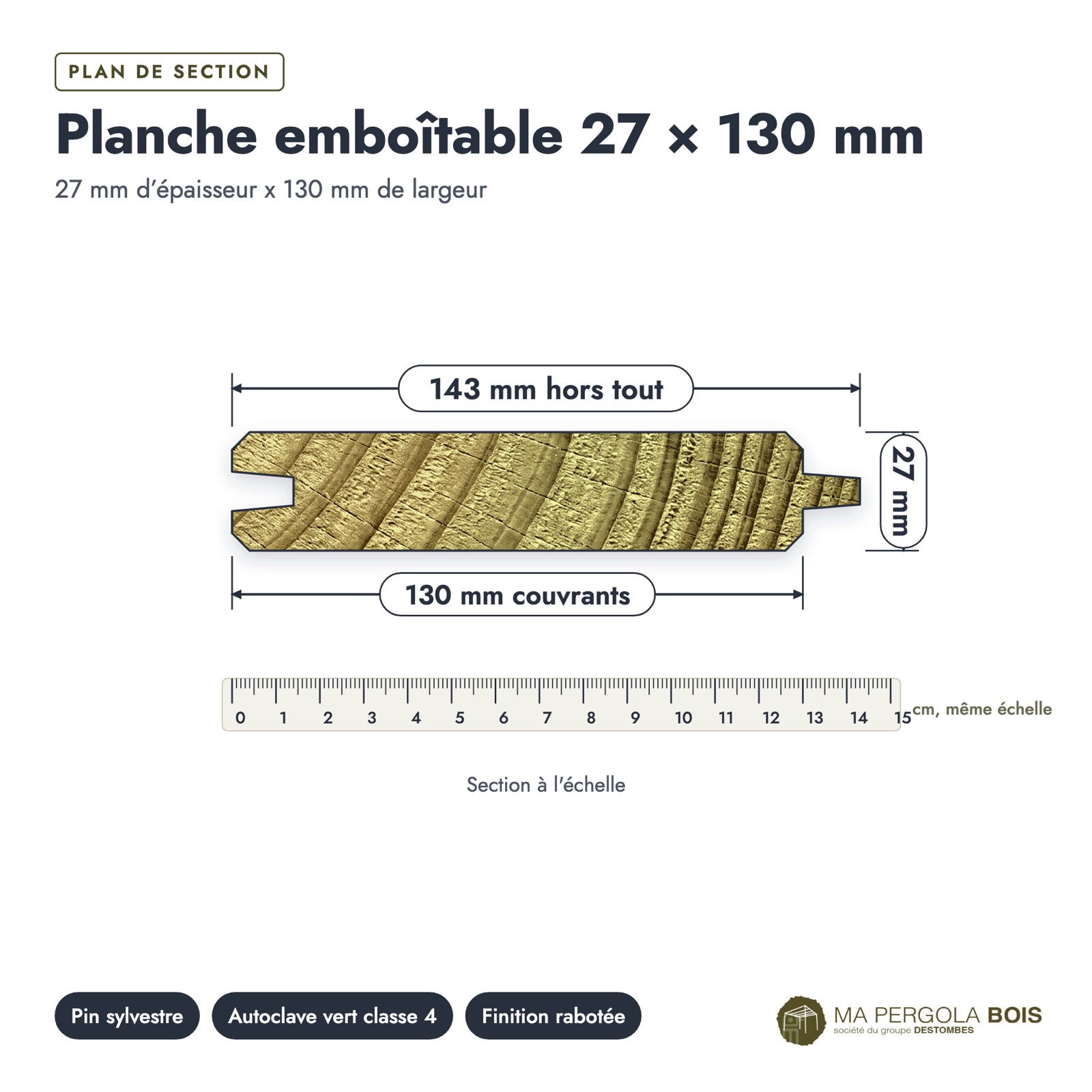 Plan de section coté, sur le vrai bois de bout