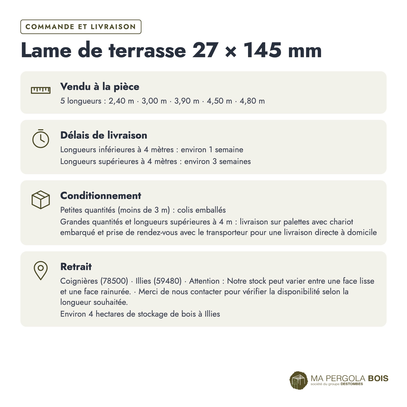 Lame pin 27x145 autoclave vert pour sol sous pergola, sans usinage : commande et livraison
