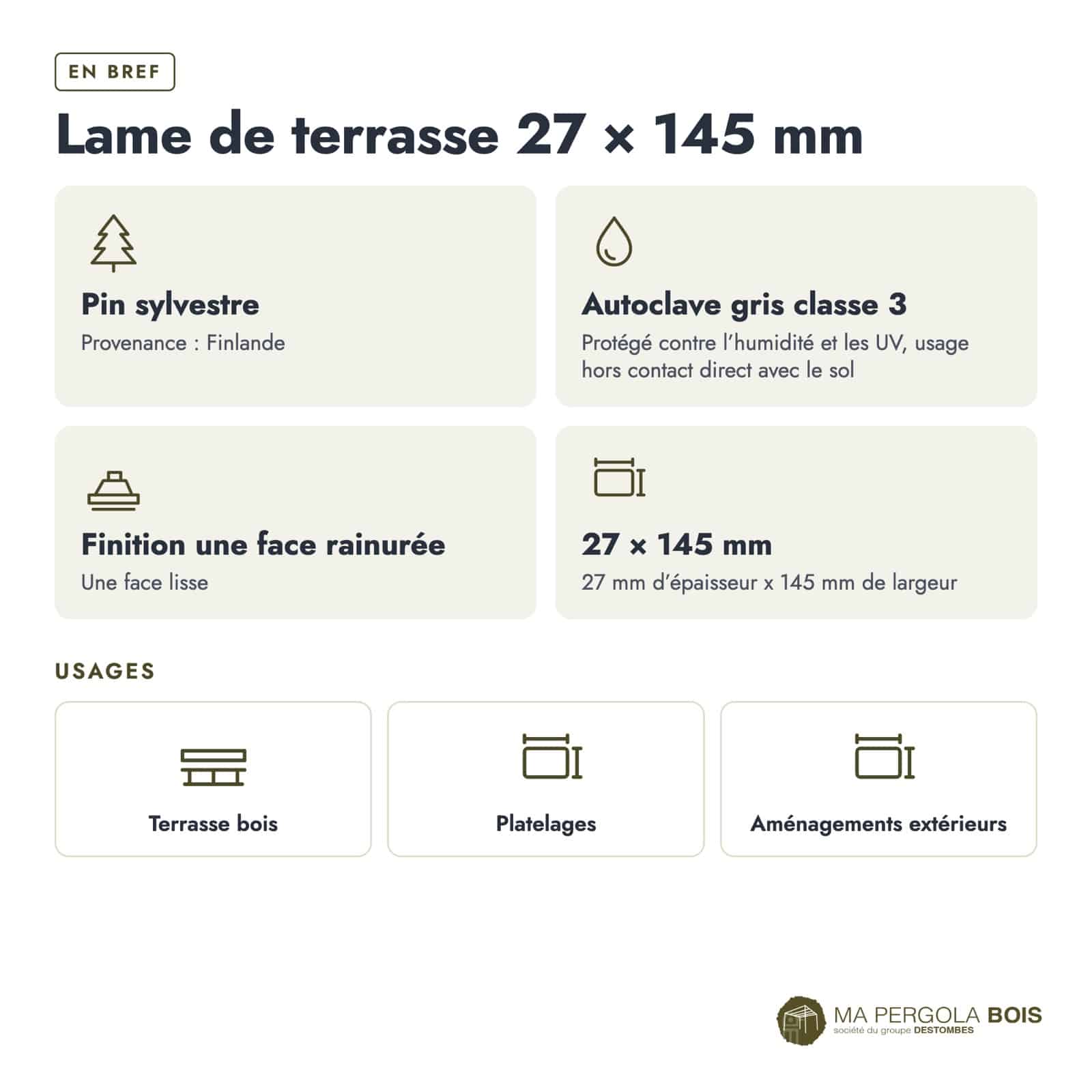 Lame de terrasse grise 27x145 en pin autoclave classe 3, 4,20 ou 5,10 m : en bref