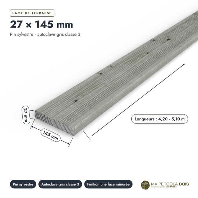 Lame de terrasse grise 27x145 en pin autoclave classe 3, 4,20 ou 5,10 m : piece cotee