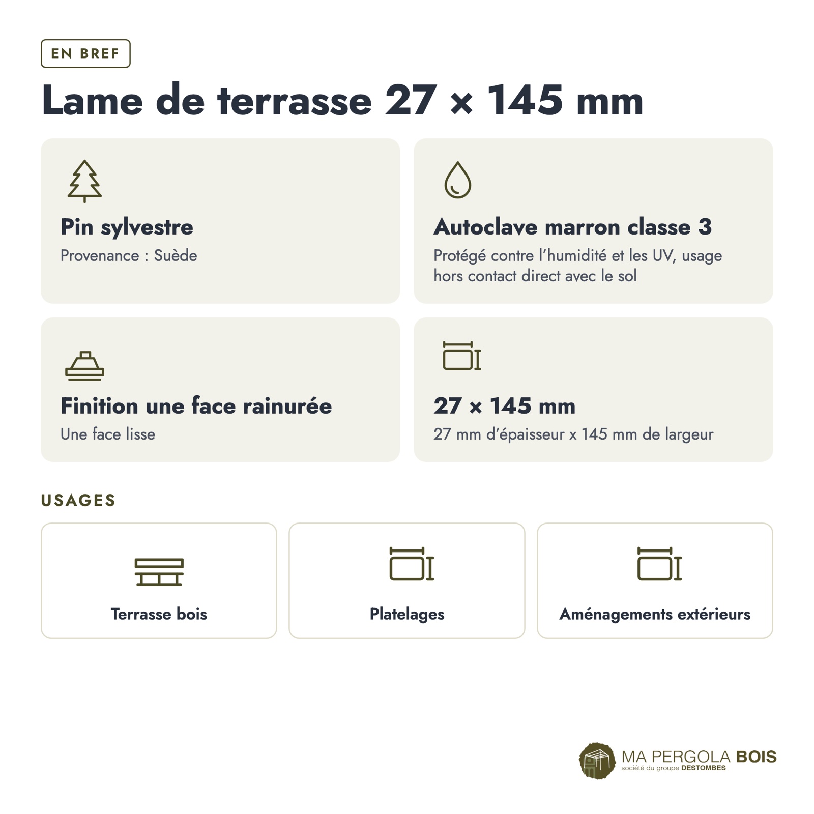 Lame de terrasse marron 27x145, pin de Suède autoclave classe 3, 4,20 ou 5,10 m : en bref