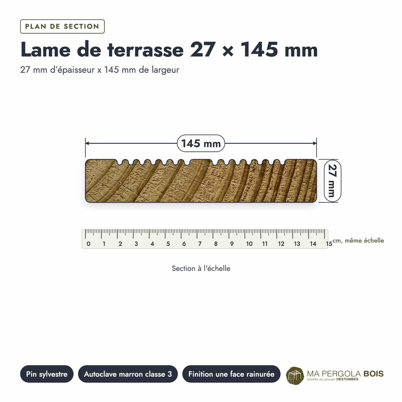 Lame de terrasse marron 27x145, pin de Suède autoclave classe 3, 4,20 ou 5,10 m : plan section