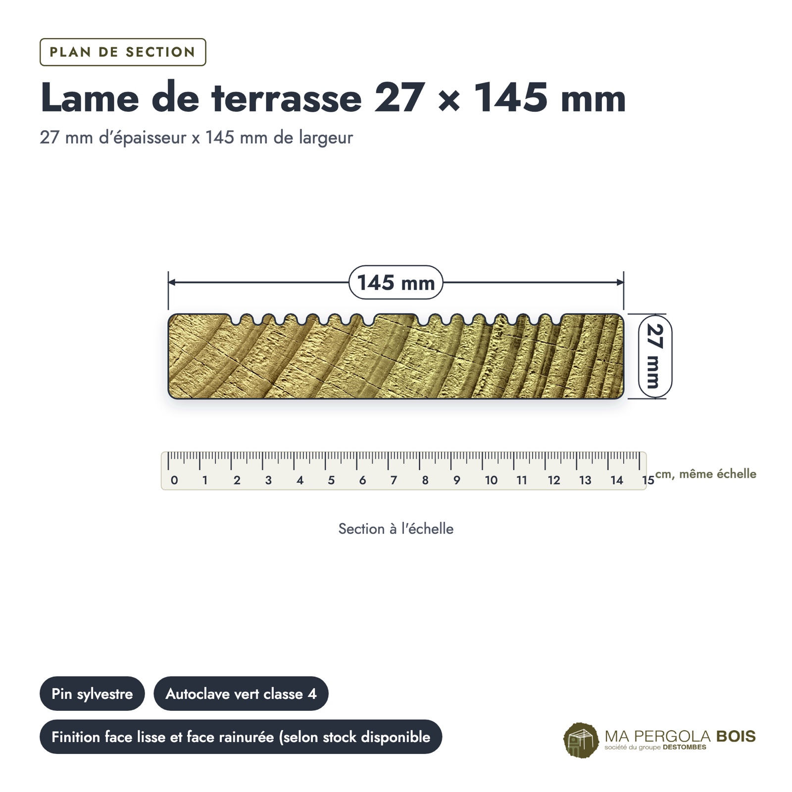 Lame pin 27x145 autoclave vert pour sol sous pergola, sans usinage : plan de section coté