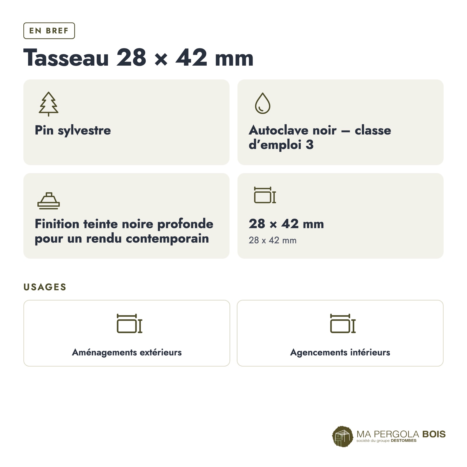 Tasseau noir 28x42 en pin traité autoclave : caractéristiques