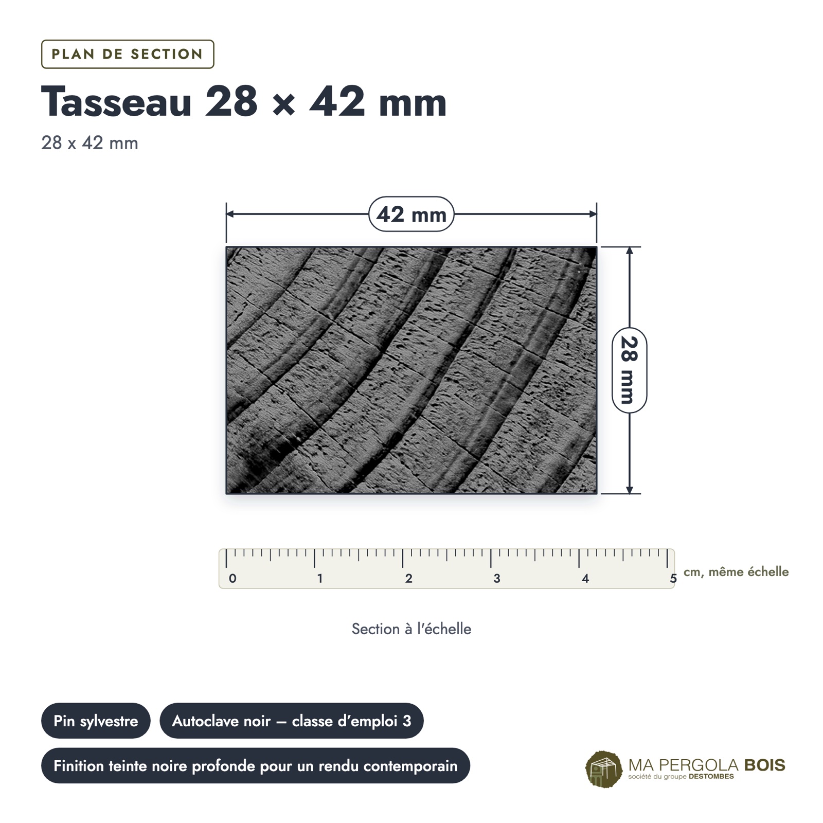 Tasseau noir 28x42 en pin traité autoclave : plan de section coté