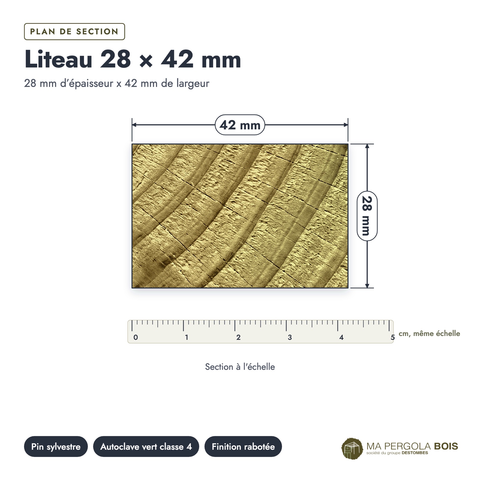 Liteau autoclave 28x42 en pin sylvestre vert : plan de section coté