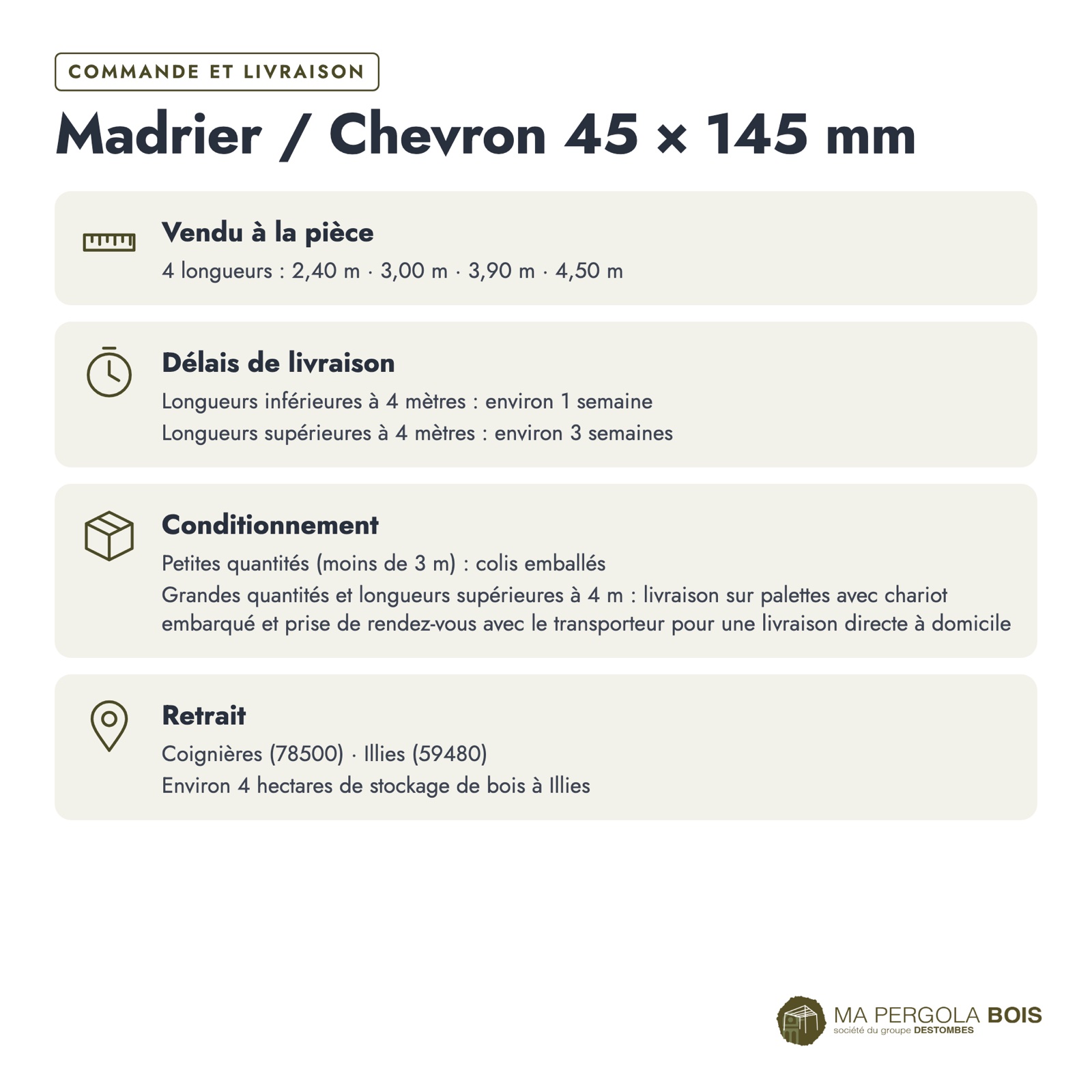 Madrier 45x145 standard sans usinage, pin autoclave : commande et livraison