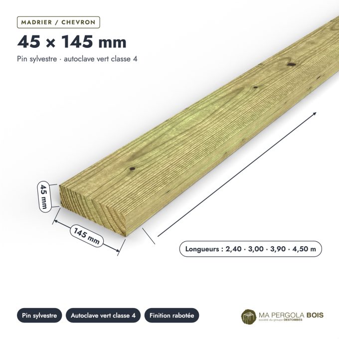Madrier 45x145 standard sans usinage, pin autoclave : pièce cotée et longueurs