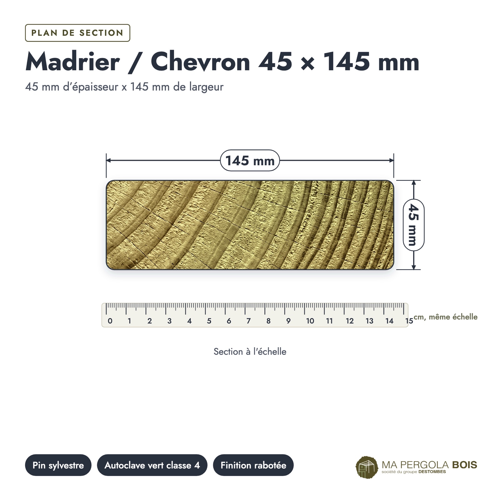 Madrier 45x145 standard sans usinage, pin autoclave : plan de section coté