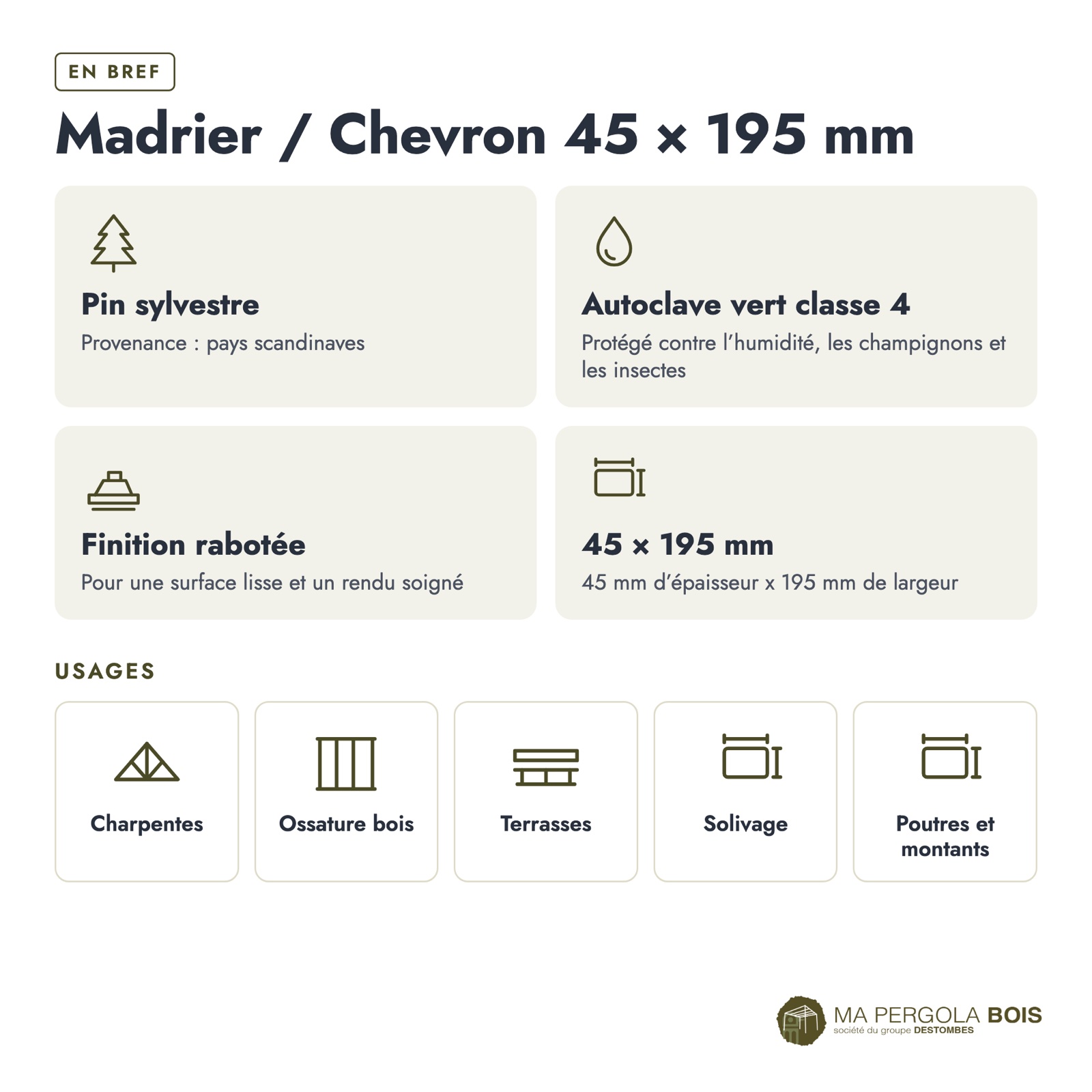 Madrier 45x195 standard sans usinage, pin autoclave : caractéristiques
