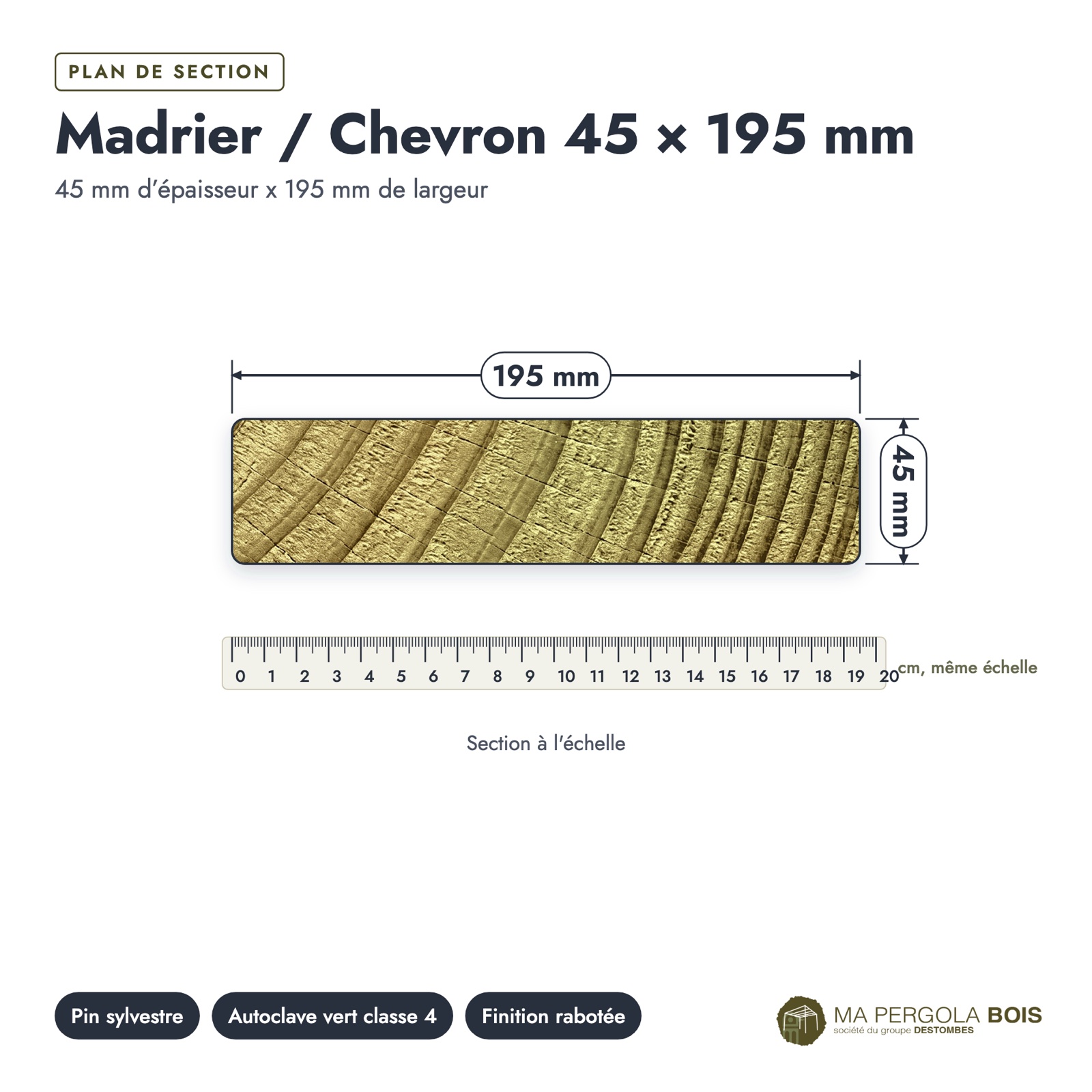 Madrier 45x195 standard sans usinage, pin autoclave : plan de section coté