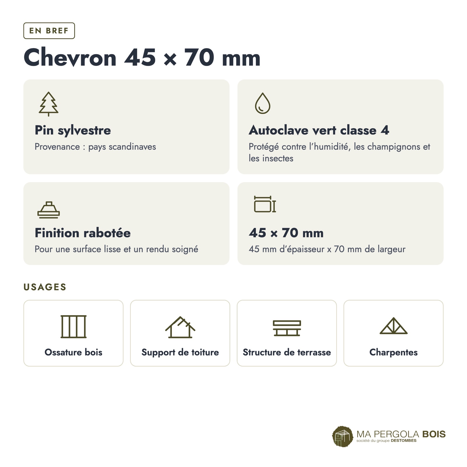 Chevron 45x70 standard sans usinage, pin autoclave vert : caractéristiques