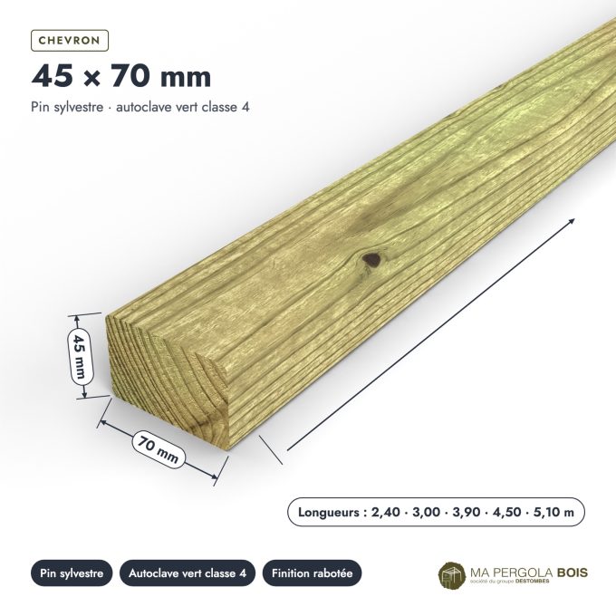 Chevron 45x70 standard sans usinage, pin autoclave vert : pièce cotée et longueurs