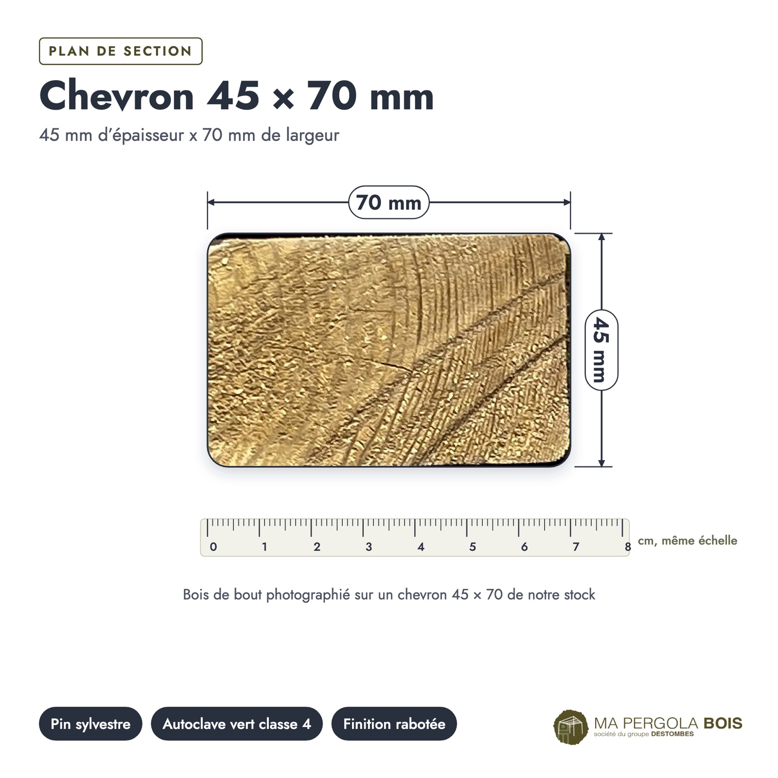Chevron 45x70 standard sans usinage, pin autoclave vert : plan de section coté