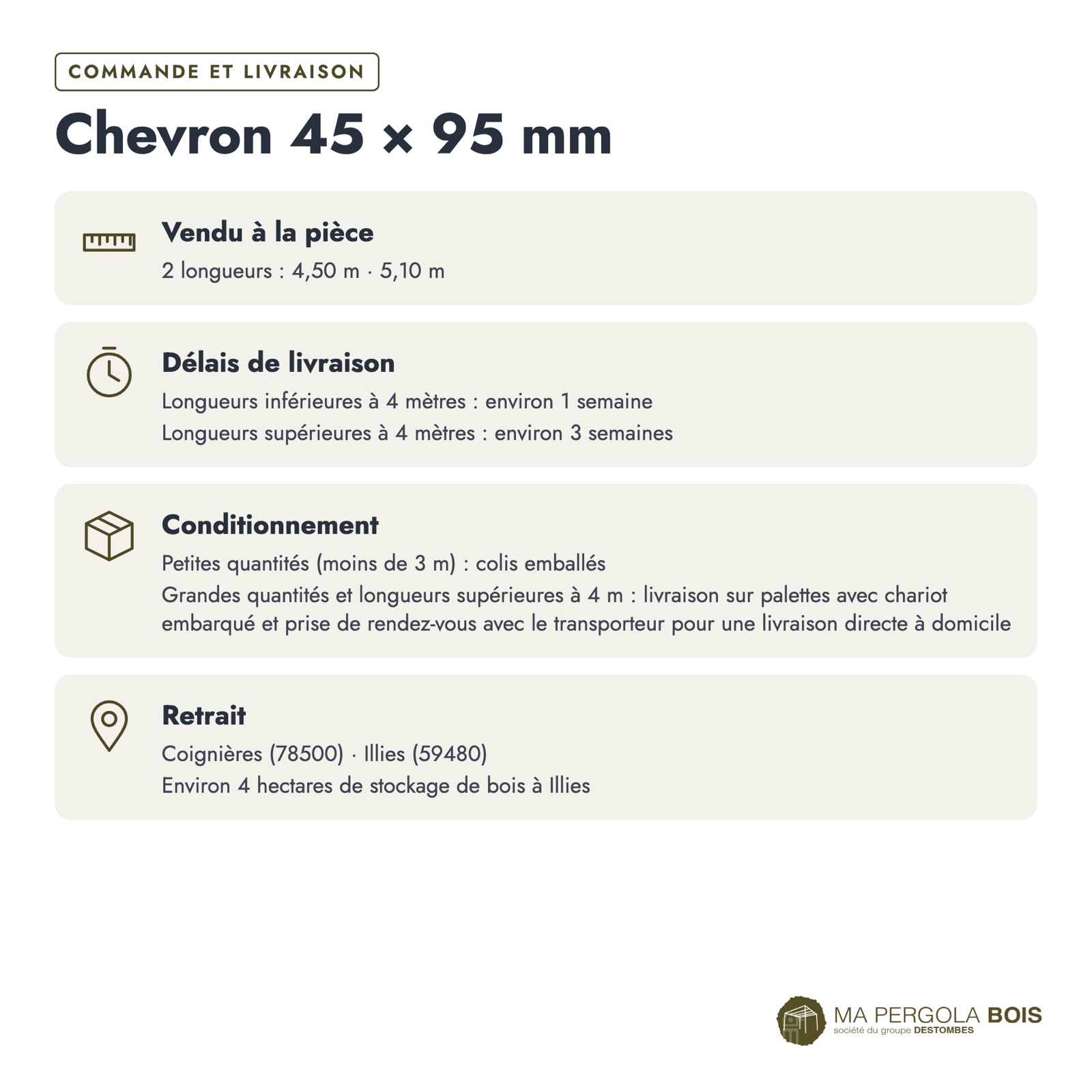 Chevron 45x95 standard sans usinage, pin autoclave vert : commande et livraison