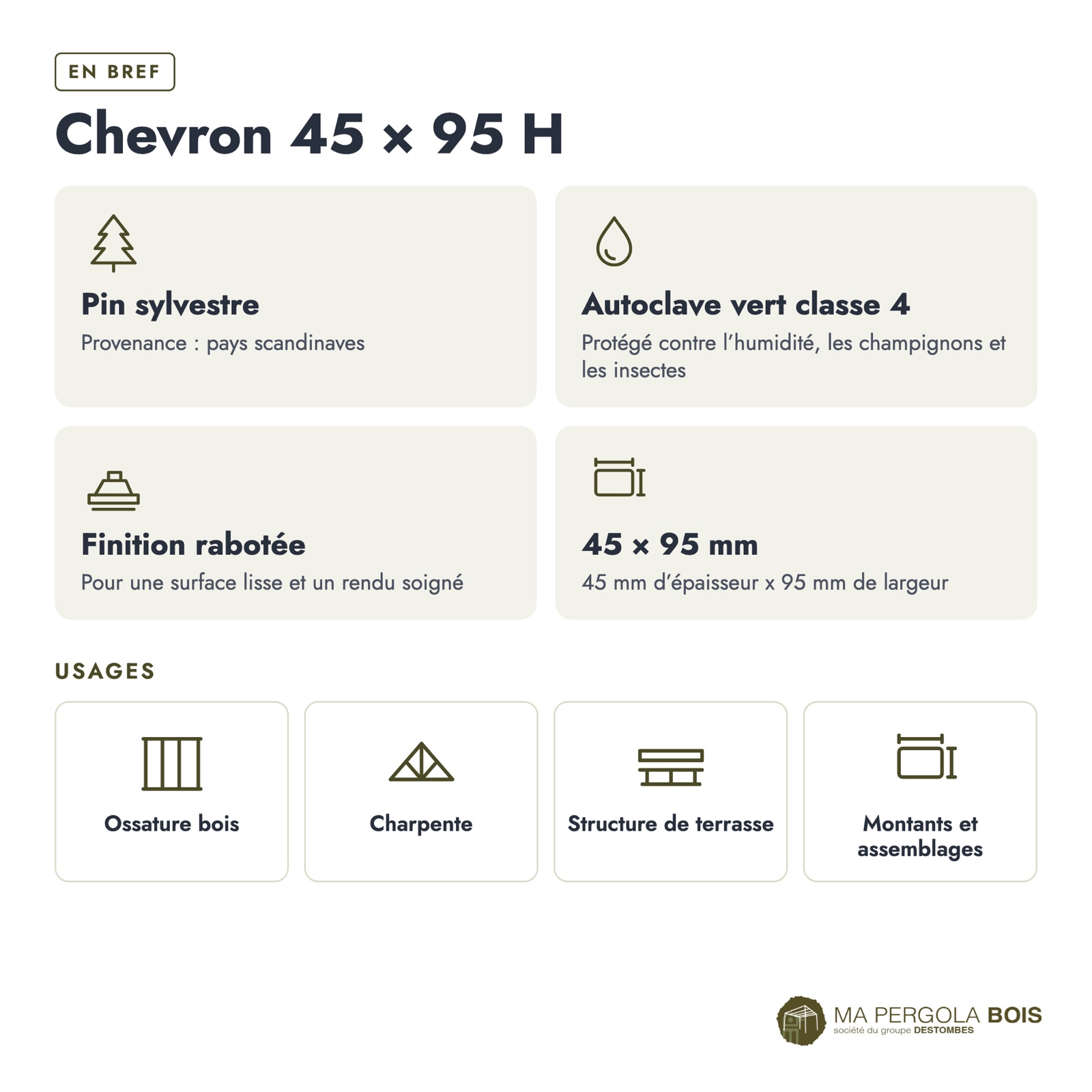 Chevron rainuré 45x95 profil H, pin autoclave vert, sans usinage : caractéristiques