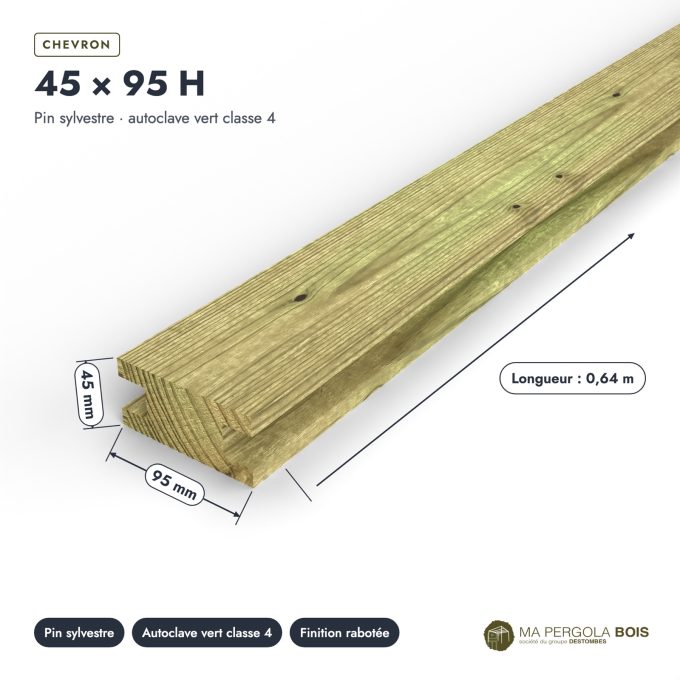 Chevron rainuré 45x95 profil H, pin autoclave vert, sans usinage : pièce cotée et longueurs