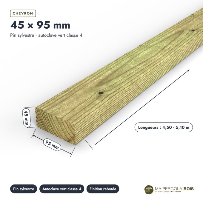 Chevron 45x95 standard sans usinage, pin autoclave vert : pièce cotée et longueurs