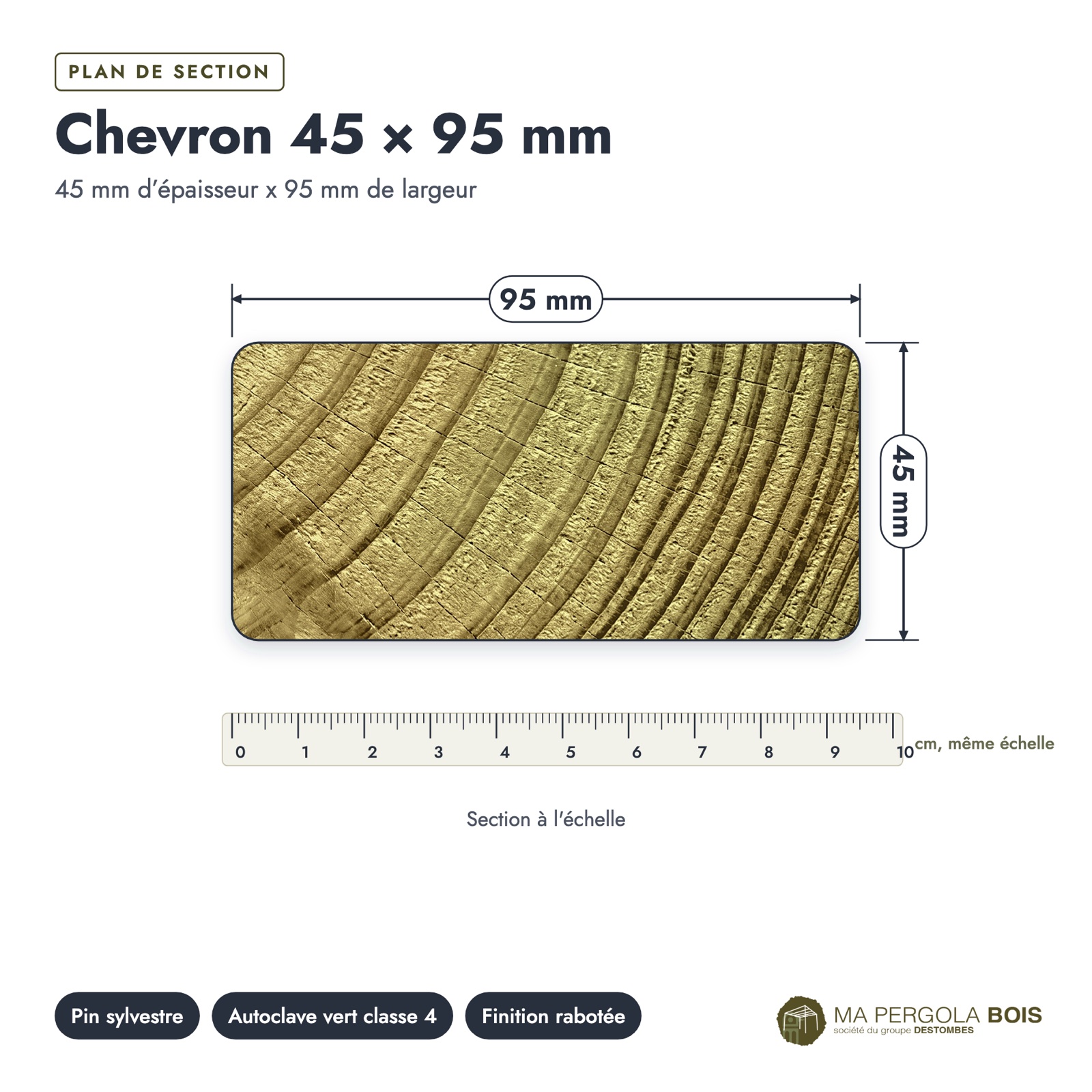Chevron 45x95 standard sans usinage, pin autoclave vert : plan de section coté