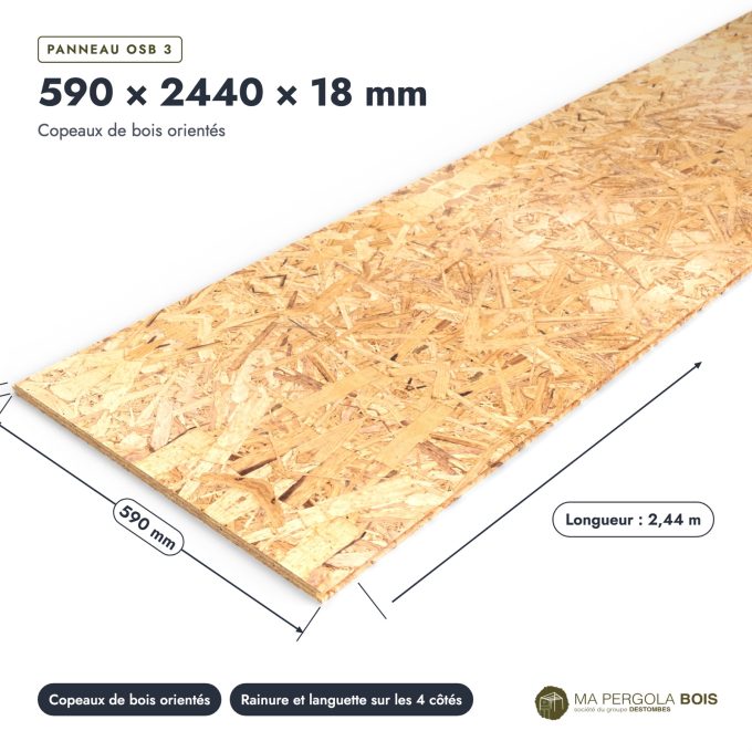 OSB rainuré 590x2440 de 18 mm, rainure et languette 4 côtés, sans usinage : pièce cotée et longueurs