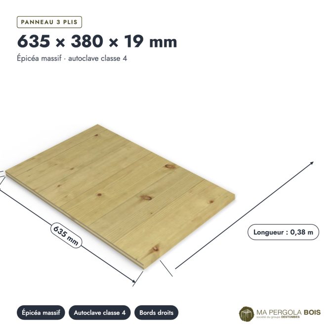 3 plis traité 635x380 en épicéa autoclave, 19 mm, sans usinage : pièce cotée et longueurs