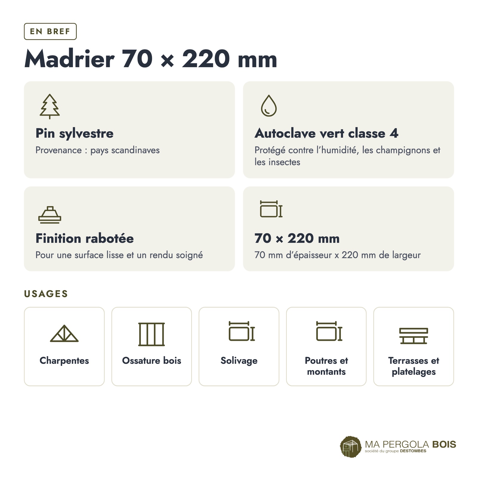 Madrier 70x220 standard sans usinage, pin autoclave : caractéristiques