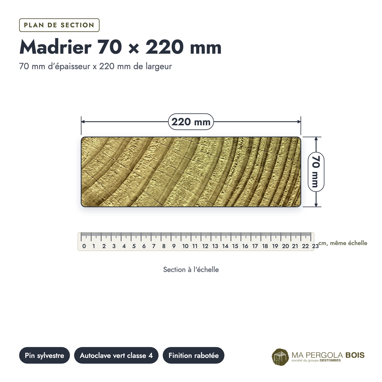 Madrier 70x220 standard sans usinage, pin autoclave : plan de section coté